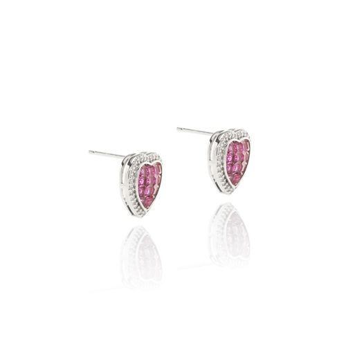Brinco coração mosaico cristal turmalina rosa cravação invisível banho de ródio branco