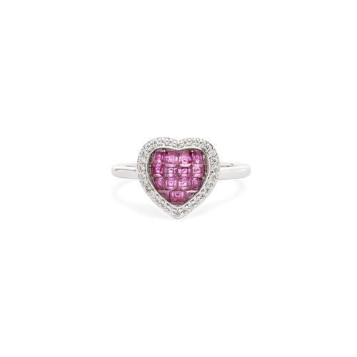 Anel coração mosaico cristal turmalina rosa cravação invisível banho de ródio branco