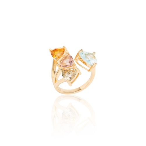 Anel Coração Cristal Topázio Azul Topo Aberto Banho de Ouro 18K