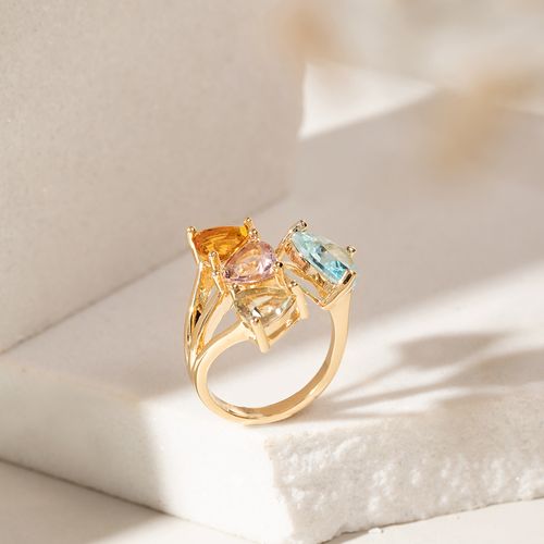 Anel Coração Cristal Topázio Azul Topo Aberto Banho de Ouro 18K