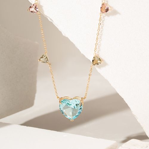 Colar pingente coração grande cristal topázio azul triângulo cristal citrino 54 cm banho de ouro 18k