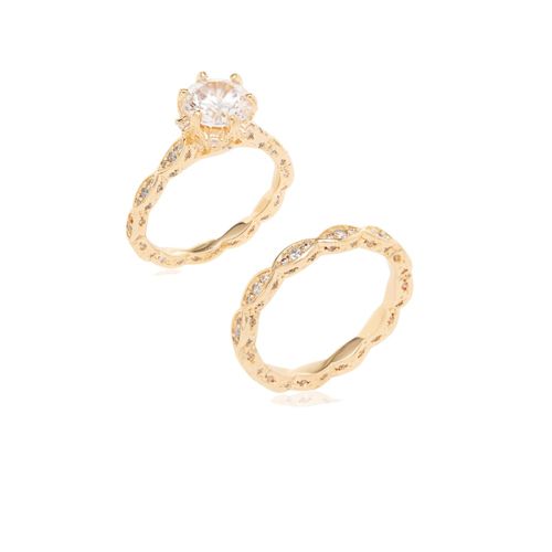 Anel duplo solitário coroa ponto de luz de zircônia branca banho de ouro 18k