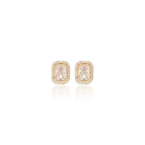 Brinco ponto de luz retângulo zircônia branca banho de ouro 18k