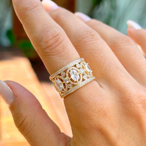 Anel abaulado ovais zircônia branca banho de ouro 18k