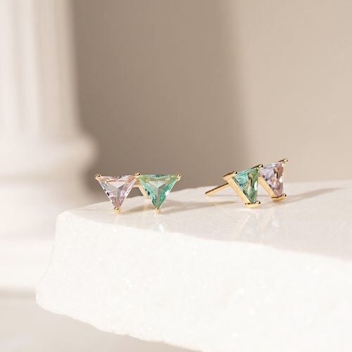 Brinco triângulos cristal paraíba banho de ouro 18k