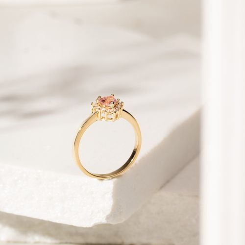 Anel coração bordado cristal rodolita banho de ouro 18k