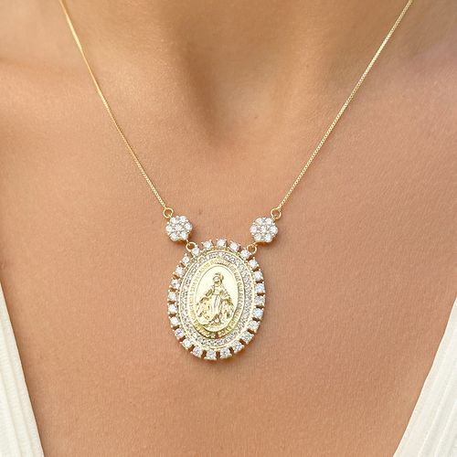 Colar medalha grande nossa senhora das graças 47 cm banho de ouro 18k