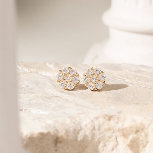Brinco flor grande ponto de luz zircônia branca banho de ouro 18k