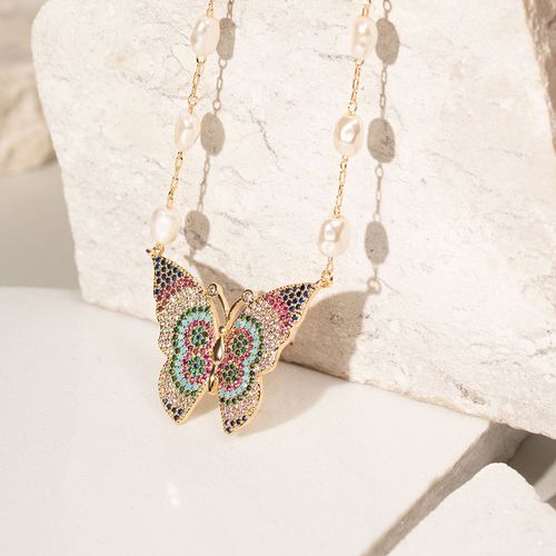 Colar  borboleta arco-íris zircônia colorida mosaico central maior 50 cm banho de ouro 18k