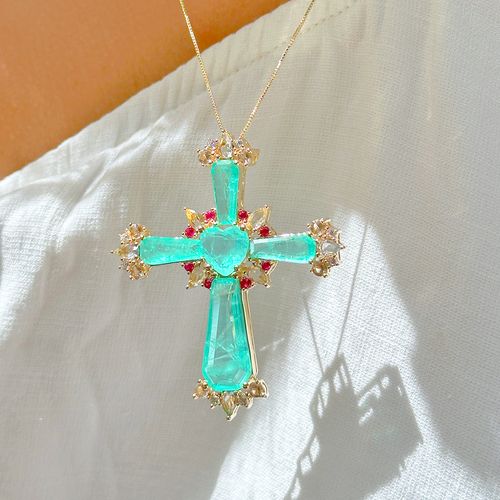Colar cruz coração fusion turmalina banho de ouro 18k 50 cm