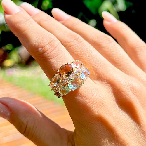 Anel Abaulado lombada cristal ametista verde banho de ouro 18k