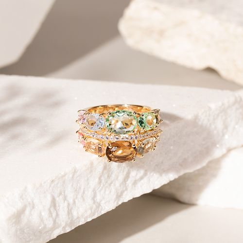 Anel Abaulado lombada cristal ametista verde banho de ouro 18k