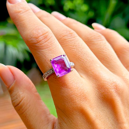 Anel Fusion Ametista Retangular Cravejado Prata 925 aro19