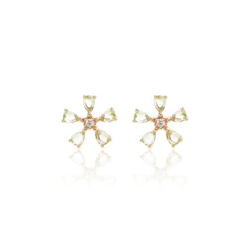 Brinco Flor Pétalas Cristal Ametista Verde Zircônia Branca Banho de Ouro 18K