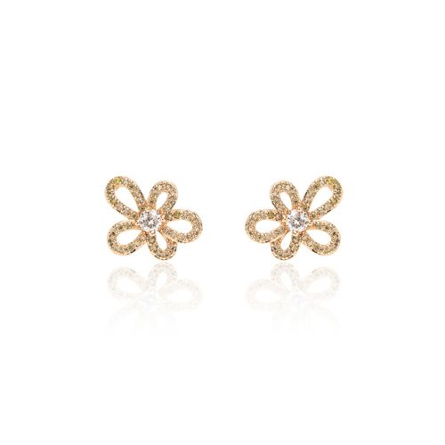 Brinco Flor Zircônia Champanhe Pétalas Banho de Ouro 18K