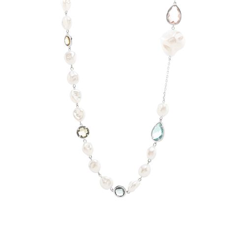 Colar maxi pérola coreana estilo barroca cristal peridoto 80cm banho de ródio branco
