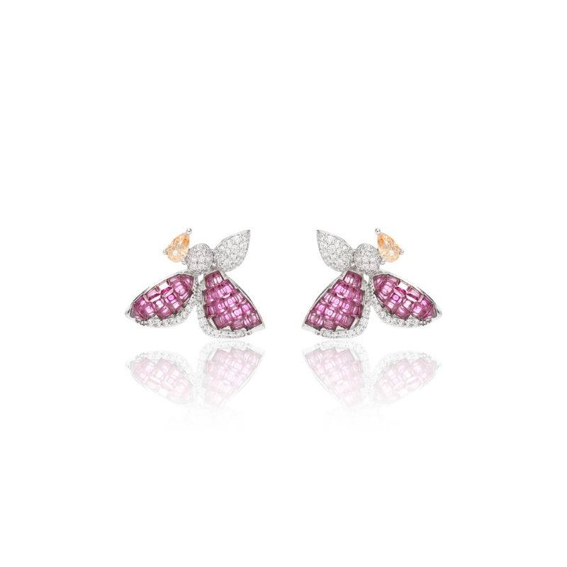 Brinco-vespa-mosaico-cristal-turmalina-rosa-cravacao-invisivel-banho-de-rodio-branco-