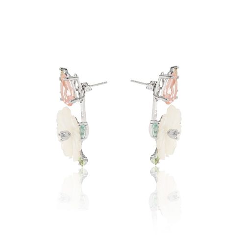 Brinco arranjo e flor versátil madrepérola fusion morganita banho de ródio branco