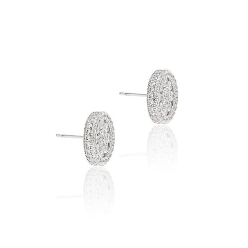 Brinco roda de flor cravejado de zircônia branca banho de ródio branco
