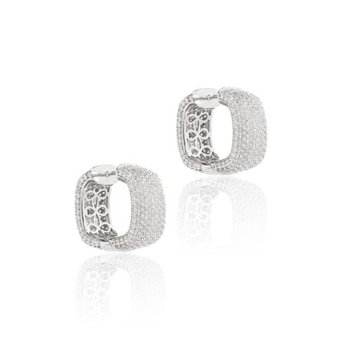 Brinco argola quadrada linhas zircônia branca banho de ródio branco