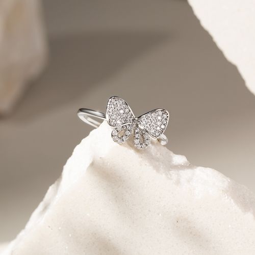 Anel solitário borboleta banho de ródio branco
