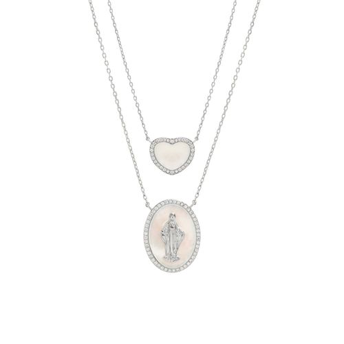 Colar escapulário oval e coração madrepérola nossa senhora das graças banho de ródio branco 64 cm