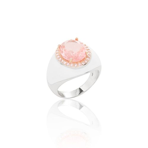 Anel oval fusion morganita esmalte white banho de ródio branco