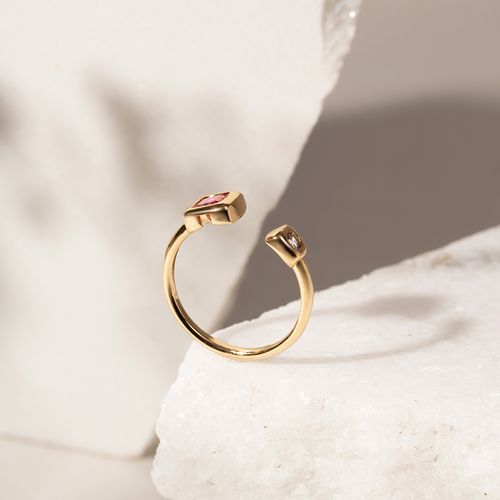 Anel aberto cristal turmalina rosa banho de ouro 18k