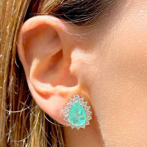 Brinco Gota Bordada Fusion Turmalina Verde Banho de Ouro 18k