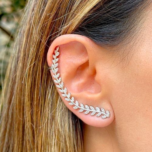 Brinco ear cuff linha era zircônia branca banho de ródio branco
