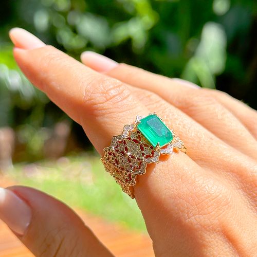 Anel retângulo coroa fusion esmeralda banho de ouro 18k
