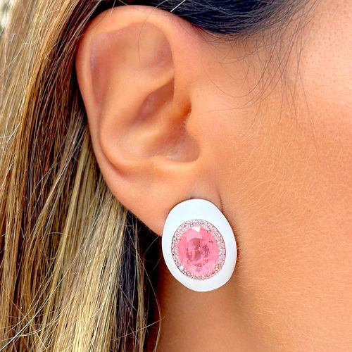 Brinco oval fusion morganita esmalte white banho de ródio branco