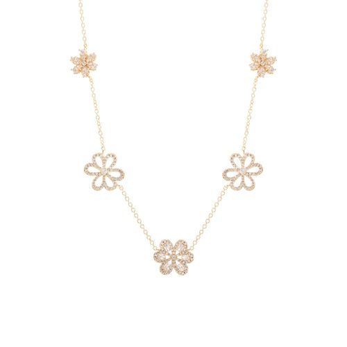 Colar 5 flores cravejadas zircônia branca banho de ouro 18k 50cm