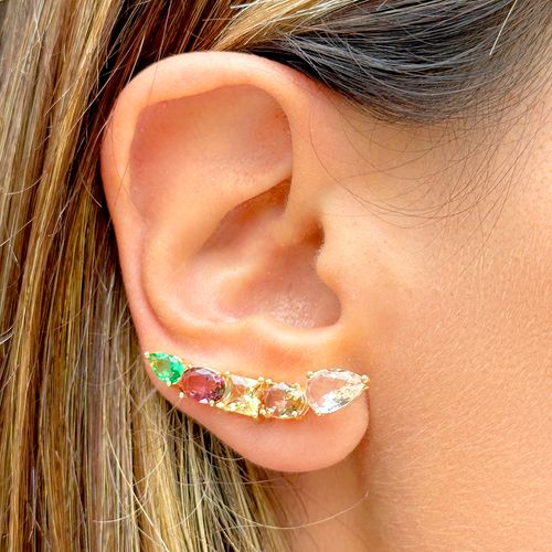 Brinco ear cuff formas gancho cristal morganita banho de ouro 18k