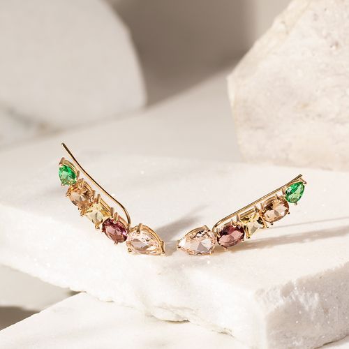 Brinco ear cuff formas gancho cristal morganita banho de ouro 18k