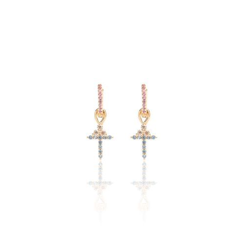 Brinco argola cruz e trevo zircônia rosa banho de ouro 18k
