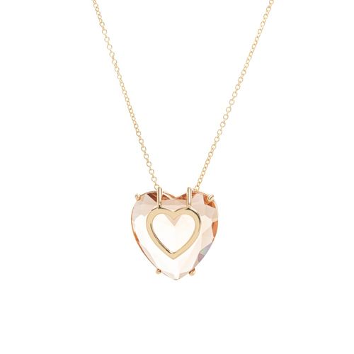 Colar pingente coração cristal morganita banho de ouro 18k 50cm
