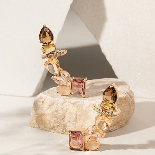 Brinco ear cuff formas cristal rodolita banho de ouro 18k