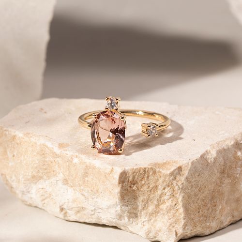 Anel aro aberto oval cristal rodolita banho de ouro 18k