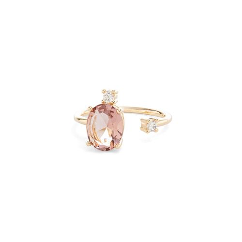 Anel aro aberto oval cristal rodolita banho de ouro 18k
