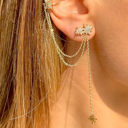 Brinco ear chain duplo estrelas banho de ouro 18k
