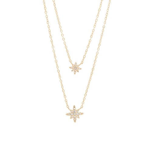 Colar duplo estrelas zircônia branca banho de ouro 18k 50cm