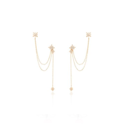 Brinco ear chain duplo estrelas banho de ouro 18k