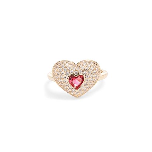 Anel Coração Cheio Cristal Turmalina Rosa Banho de Ouro 18k