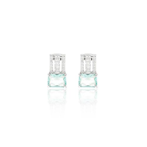 Brinco cristal paraiba zirconia branca reto com retangulo inteiro cravejado prata 925