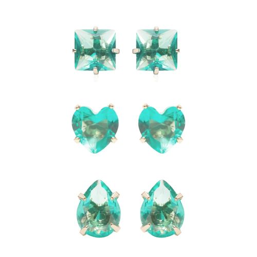 Kit de brincos coração/gota/quadrado de cristal paraíba com 3 pares banho de ouro 18k