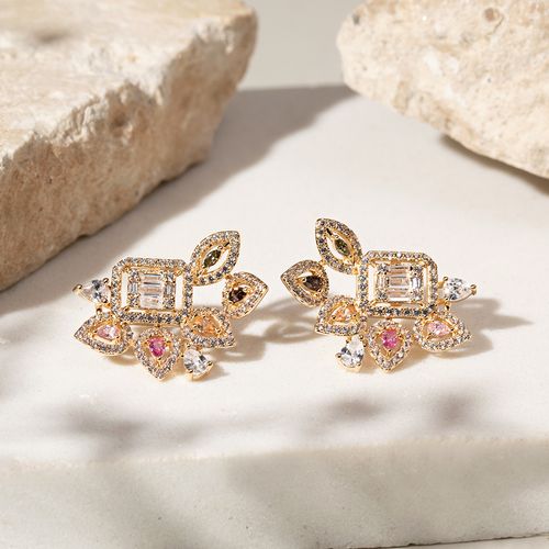 Brinco Leque de Gotas Cristal Turmalina Rosa Banho de Ouro 18k