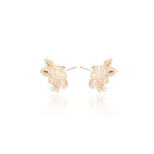Brinco Leque de Gotas Cristal Turmalina Rosa Banho de Ouro 18k