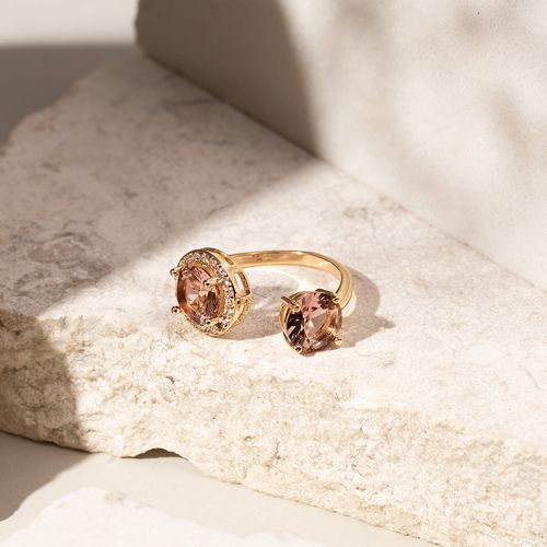 Anel Aberto Duas pedras Cristal Rodolita Cravejado com Zircônias brancas Banho de Ouro 18k