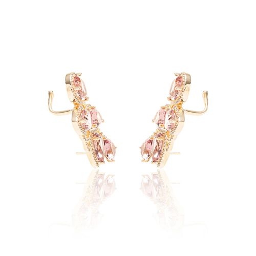 Brinco Ear Cuff Labirinto de Gotas cristal Rodolita Cravejado Banho de Ouro 18k